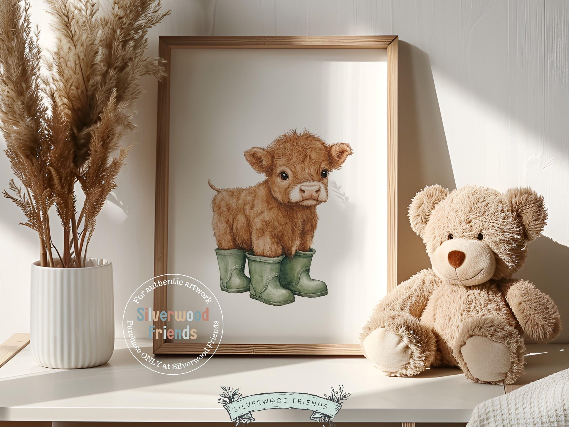 Highland Cow Nursery Print, Sage Green Highland Cow Nursery Decor, Watercolor Highland Cow Gift, Kids Farm Bedroom Wall Decor Digital Print