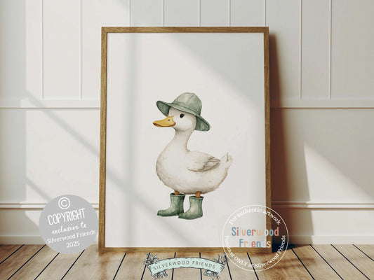 Our charming Sage Green Duck Print features an adorable watercolor duck in sage green rain boots and brings a touch of warmth and whimsy to any space, perfect for both nursery and mudroom decor. A versatile, gender-neutral baby shower gift that will be cherished for years to come!