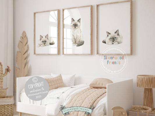 Add a touch of feline charm to your space with this adorable set of 3 Ragdoll kitten prints—perfect for cat-themed nursery decor or any cat lover’s gallery wall. Featuring soft watercolor details and sweet expressions, these prints bring warmth, whimsy, and a cozy cuddly feel to any room.