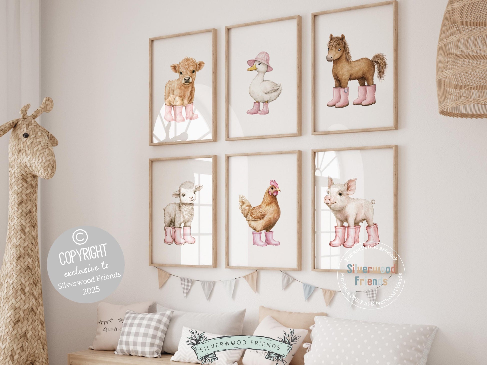 Add a splash of rustic charm and playful whimsy to your space with our adorable set of 6 baby farm animal nursery prints! Featuring sweet watercolor animals—Highland cow, duck, horse, lamb, chicken, and piglet—all in pink rain boots, this versatile collection is perfect for nursery decor, farmhouse mudroom wall art, and makes an irresistibly cute farm baby shower gift. 🐮🐥🐴🌿