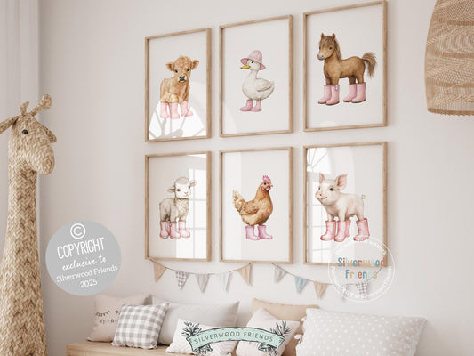 Add a splash of rustic charm and playful whimsy to your space with our adorable set of 6 baby farm animal nursery prints! Featuring sweet watercolor animals—Highland cow, duck, horse, lamb, chicken, and piglet—all in pink rain boots, this versatile collection is perfect for nursery decor, farmhouse mudroom wall art, and makes an irresistibly cute farm baby shower gift. 🐮🐥🐴🌿