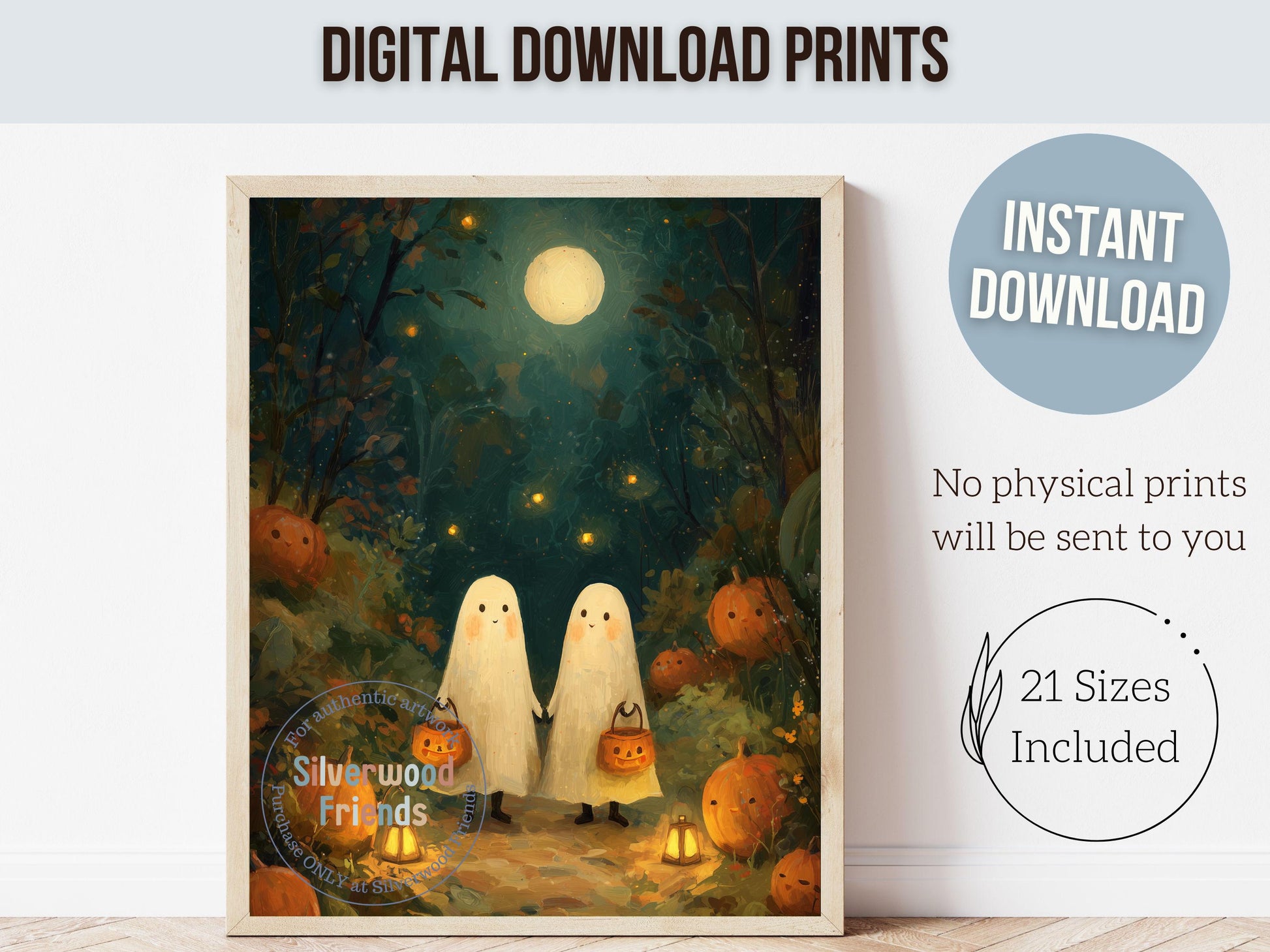 Pumpkin Patch Ghost Landscape, Halloween Printable Wall Art, Cozy Fall Landscape Decor, Ghost Oil Painting Print, Spooky Digital Download