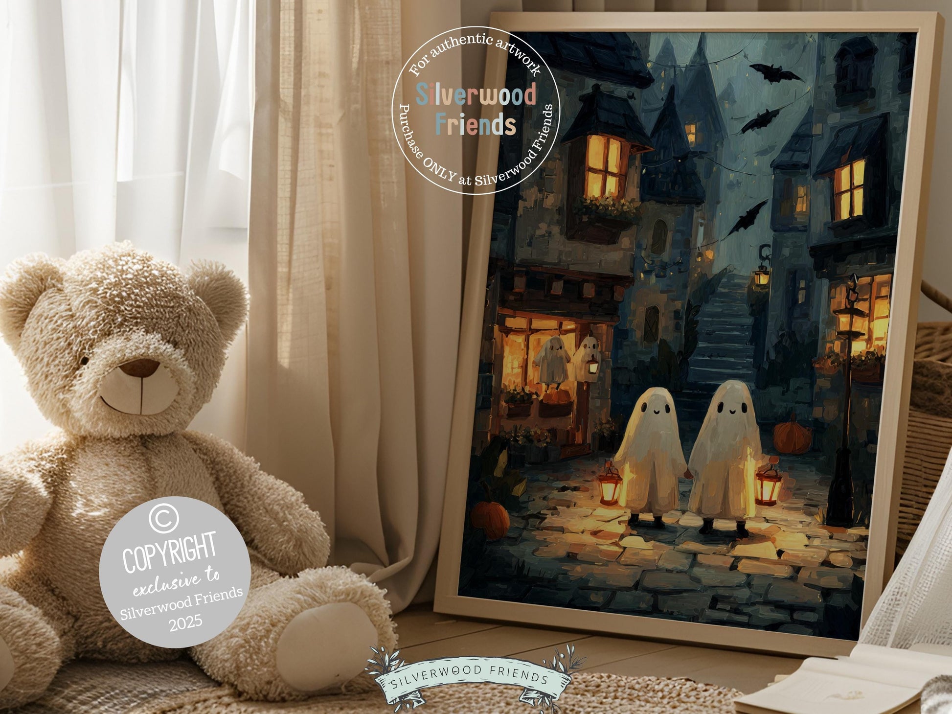 Vintage Halloween Ghost Print, Halloween Printable Wall Art, Cozy Pumpkin Street Fall Decor, Ghost Oil Painting Print, Spooky Digital Print