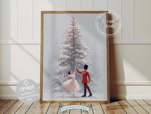 This enchanting Christmas ballet print captures a magical moment as a graceful ballerina dances with a Nutcracker soldier in front of a beautiful Christmas tree. The perfect gift for ballet lovers this print brings whimsical romance and festive charm to any space, making it delightful decor all year round!