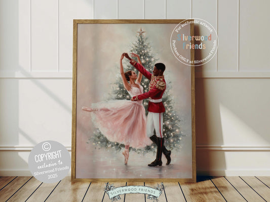 This enchanting Christmas ballet print captures a magical moment as a graceful ballerina dances with a Nutcracker soldier in front of a beautiful Christmas tree. The perfect gift for ballet lovers this print brings whimsical romance and festive charm to any space, making it delightful decor all year round!