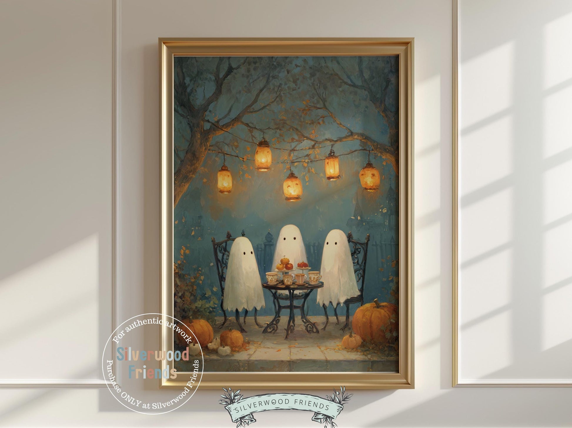 Our charming Halloween print features three friendly ghosts gathered around a tea party, sharing warm cups in a cozy autumn setting. With its playful yet elegant design, this piece is perfect for adding a touch of seasonal whimsy to kids’ rooms, fall-inspired décor, or Halloween party displays.