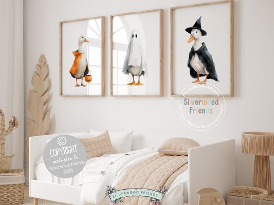 Our charming Halloween Duck Prints, featuring adorable watercolor ducks, brings a touch of warmth and whimsy to any space—perfect for both nursery and mudroom decor during fall and halloween.