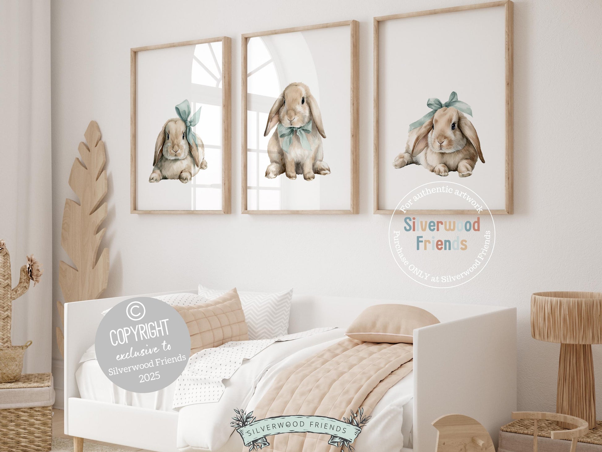 Our delightful minimalist Set of 3 Bunny Nursery Prints features adorable bunny rabbits in blue bows. Perfect for your baby boy&#39;s woodland nursery decor and also makes a unique baby shower gift.