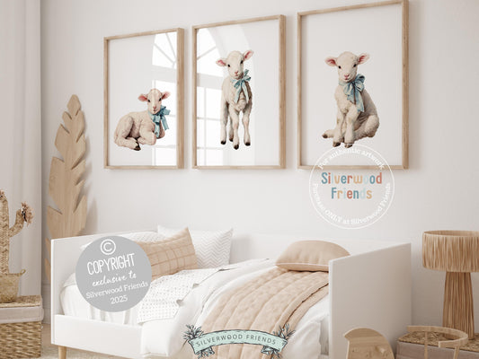 Our delightful minimalist Set of 3 Lamb Nursery Prints features adorable baby lambs in blue bows. Perfect for your baby boy&#39;s farmyard nursery decor and also makes a unique Spring or farm baby shower gift.