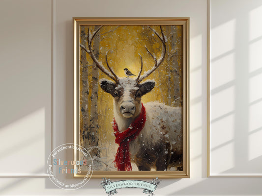 This enchanting Christmas print captures the serene beauty of a majestic reindeer standing in a snowy winter forest, its elegant antlers crowned with gentle snowflakes and a soft red scarf adding festive warmth. A timeless piece of holiday art, this print brings rustic charm and peaceful wonder to any space — perfect for cozy farmhouse décor or as a heartfelt seasonal gift.