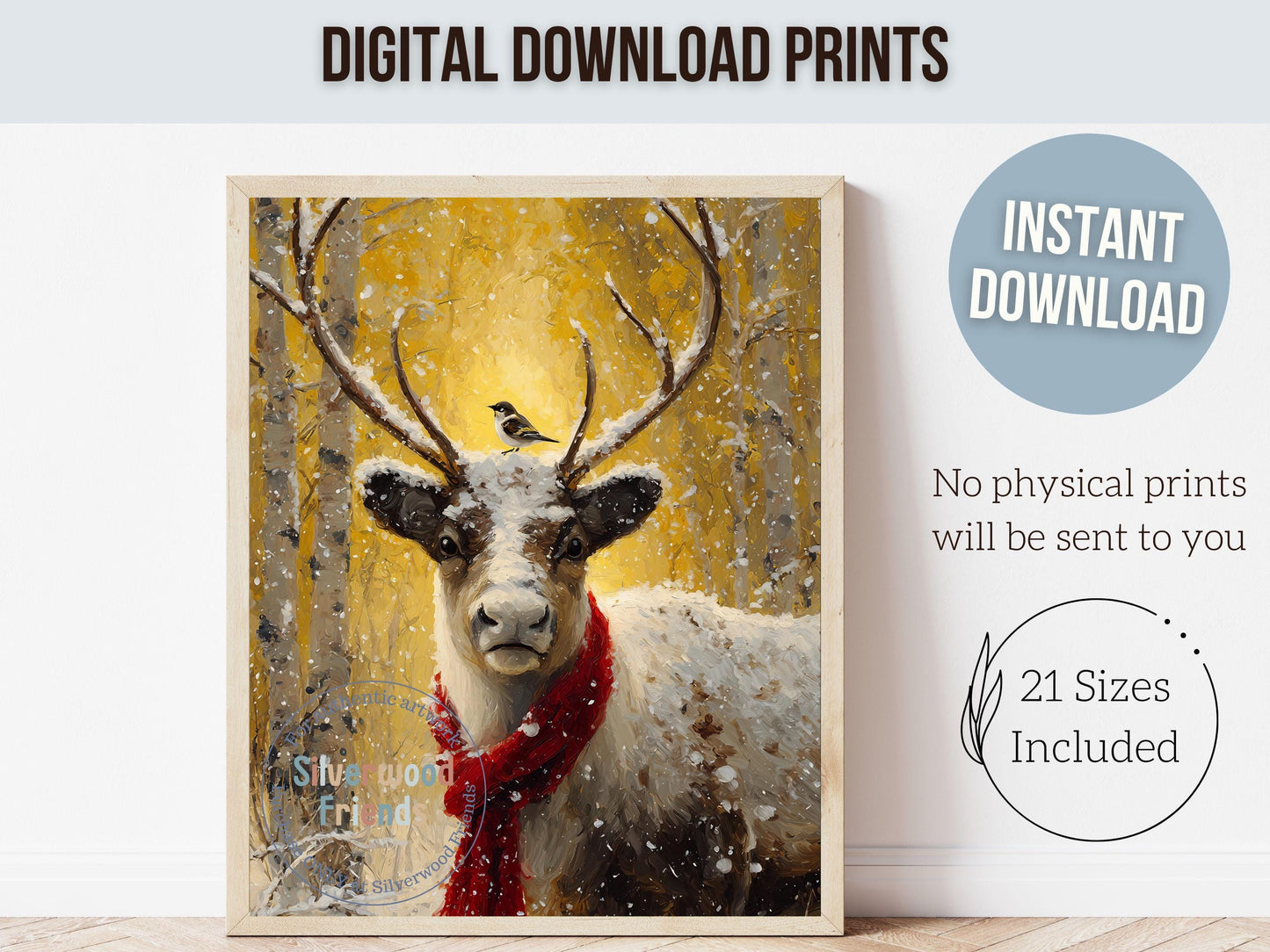 Reindeer Print, Christmas Printable Wall Art, Winter Deer Forest Print, Rudolph Wall Art, Rustic Vintage Farmhouse Christmas Digital Print