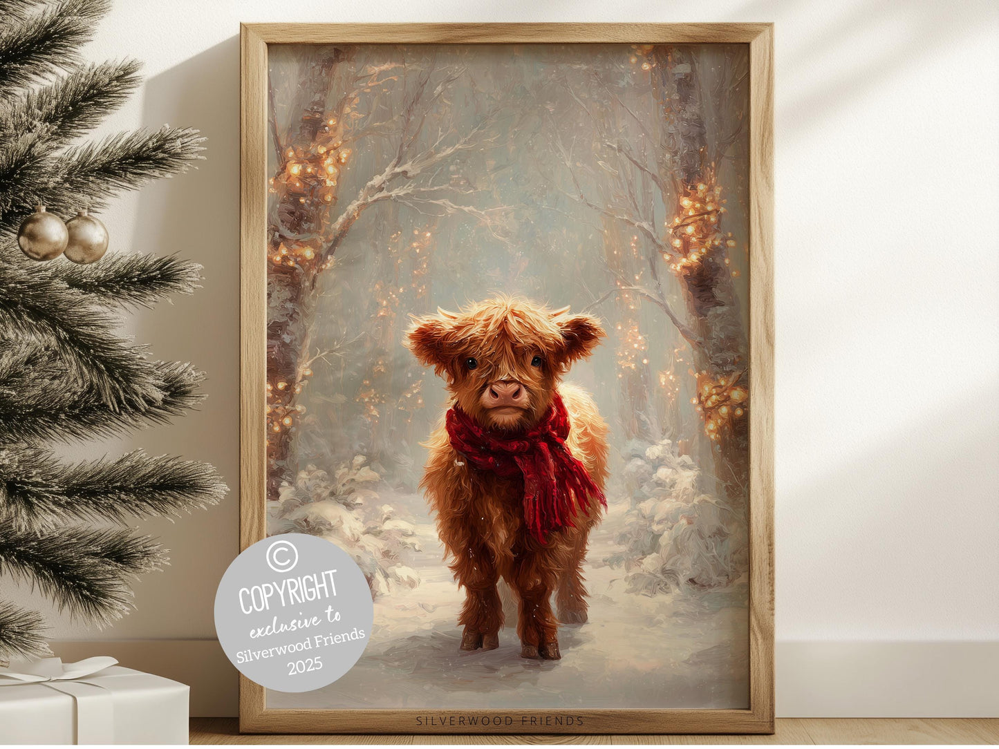 Christmas Highland Cow Print, Baby Highland Cow Christmas Decor, Christmas Printable Wall Art, Rustic Farmhouse Christmas Cow Digital Print