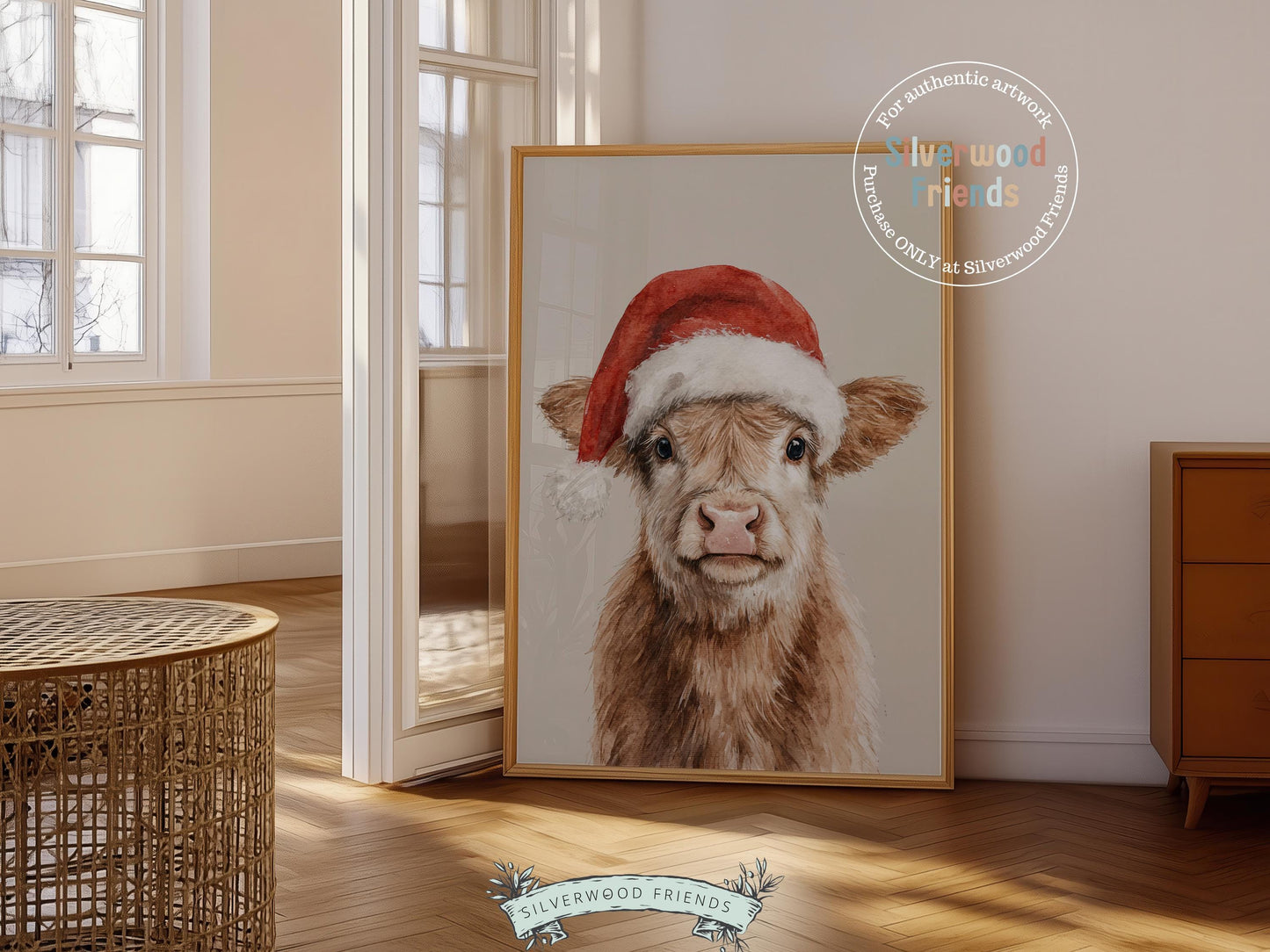 Christmas Highland Cow Print, Baby Highland Cow Christmas Decor, Christmas Printable Wall Art, Rustic Farmhouse Christmas Cow Digital Print