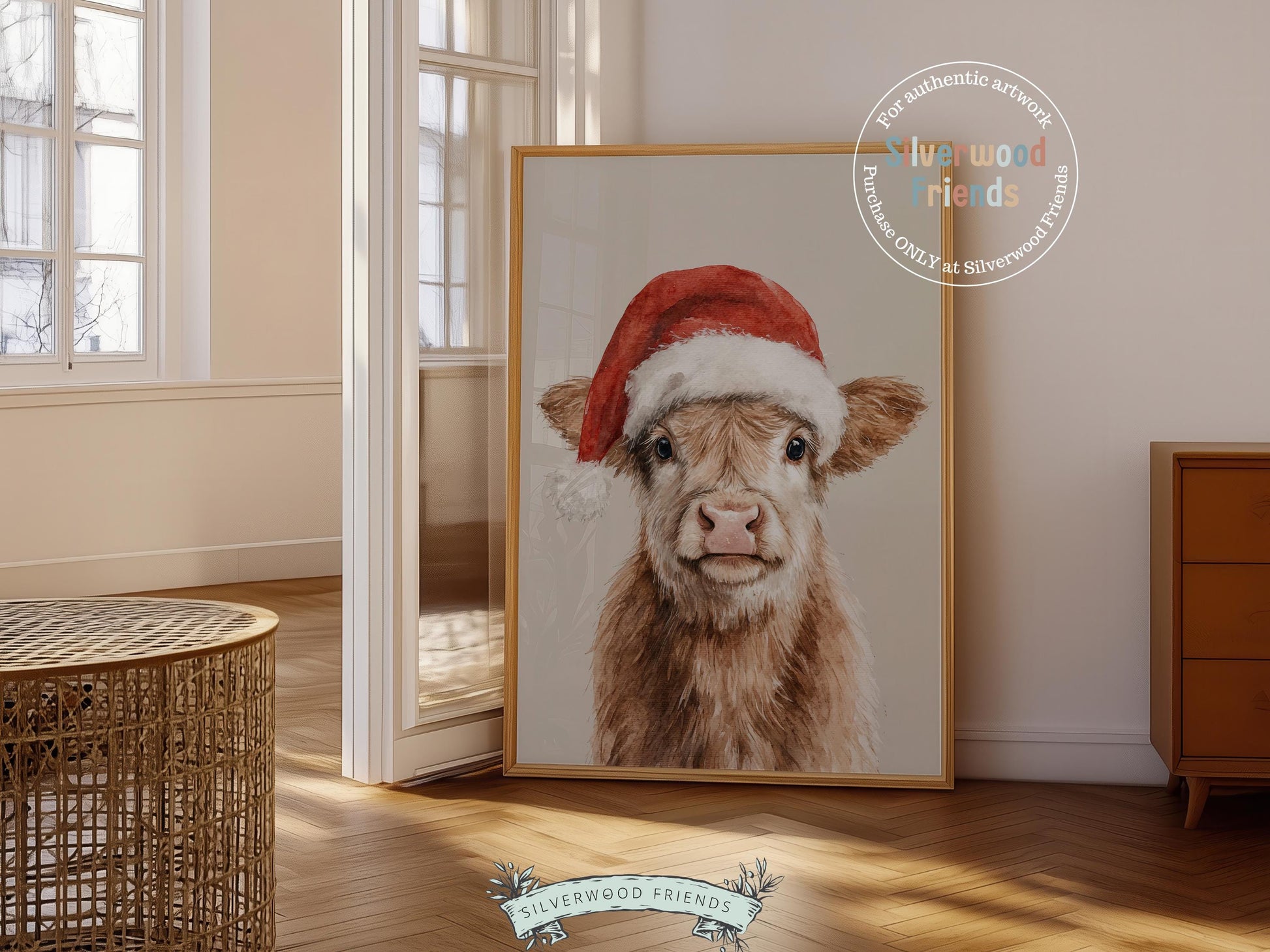 Christmas Highland Cow Print, Baby Highland Cow Christmas Decor, Christmas Printable Wall Art, Rustic Farmhouse Christmas Cow Digital Print