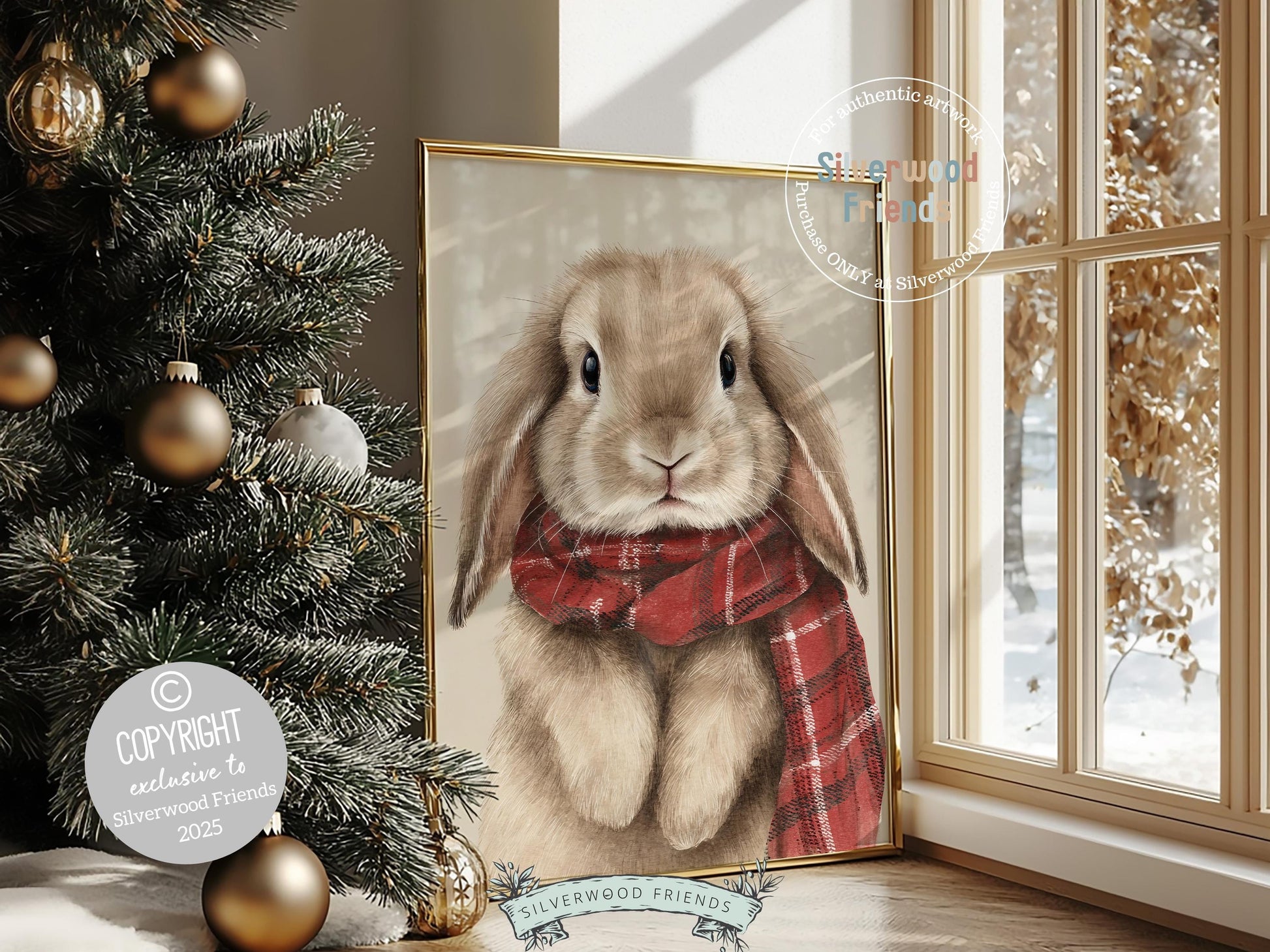Christmas Bunny Rabbit Print, Woodland Bunny Christmas Decor, Christmas Printable Wall Art, Farmhouse Woodland Christmas Digital Print