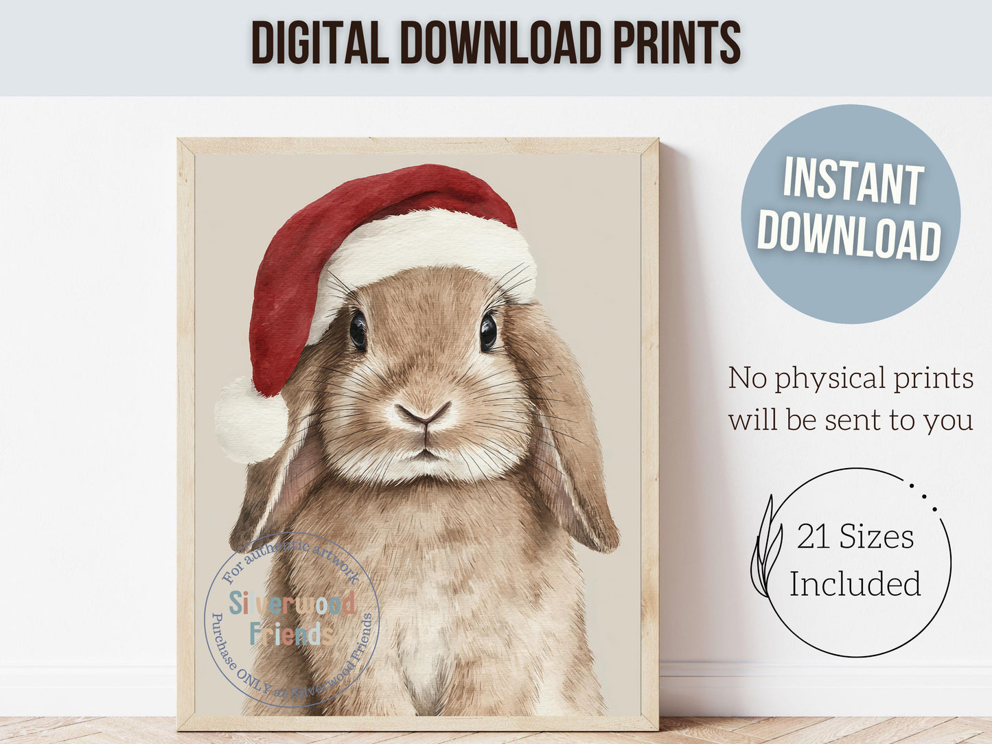 Christmas Bunny Rabbit Print, Woodland Bunny Christmas Decor, Christmas Printable Wall Art,Farmhouse Woodland Rabbit Christmas Digital Print
