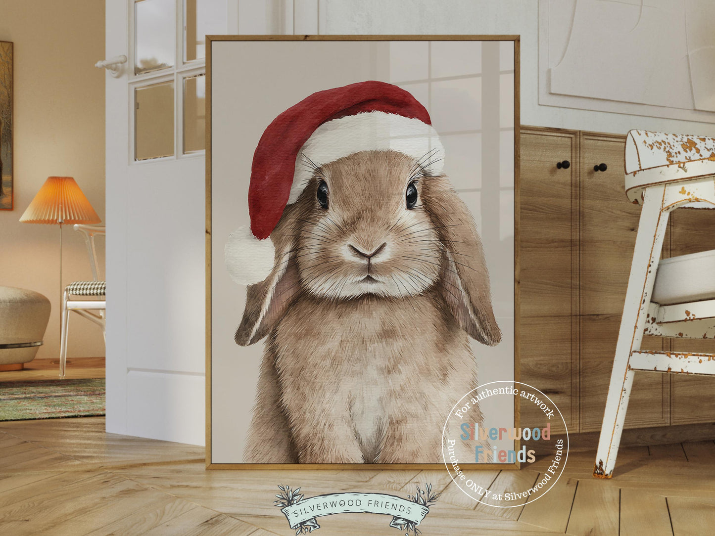 Christmas Bunny Rabbit Print, Woodland Bunny Christmas Decor, Christmas Printable Wall Art,Farmhouse Woodland Rabbit Christmas Digital Print