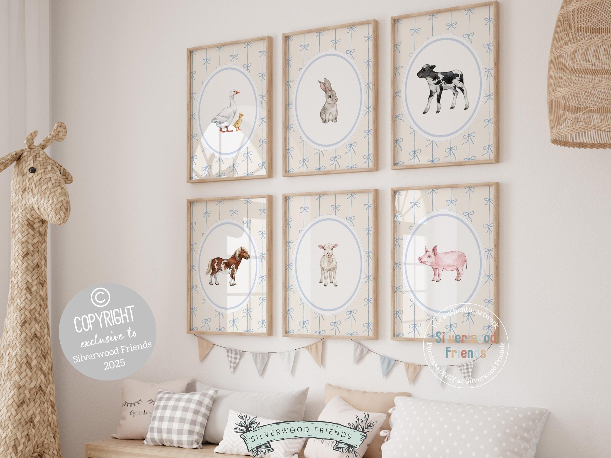 Add a splash of rustic charm and playful whimsy to your space with our adorable set of 6 baby farm animal nursery prints! Featuring sweet watercolor animals—duck, rabbit cow, horse, lamb, piglet—with adorable blue coquette bow background, this versatile collection is perfect for nursery decor, farmhouse mudroom wall art, and makes an irresistibly cute farm baby shower gift.