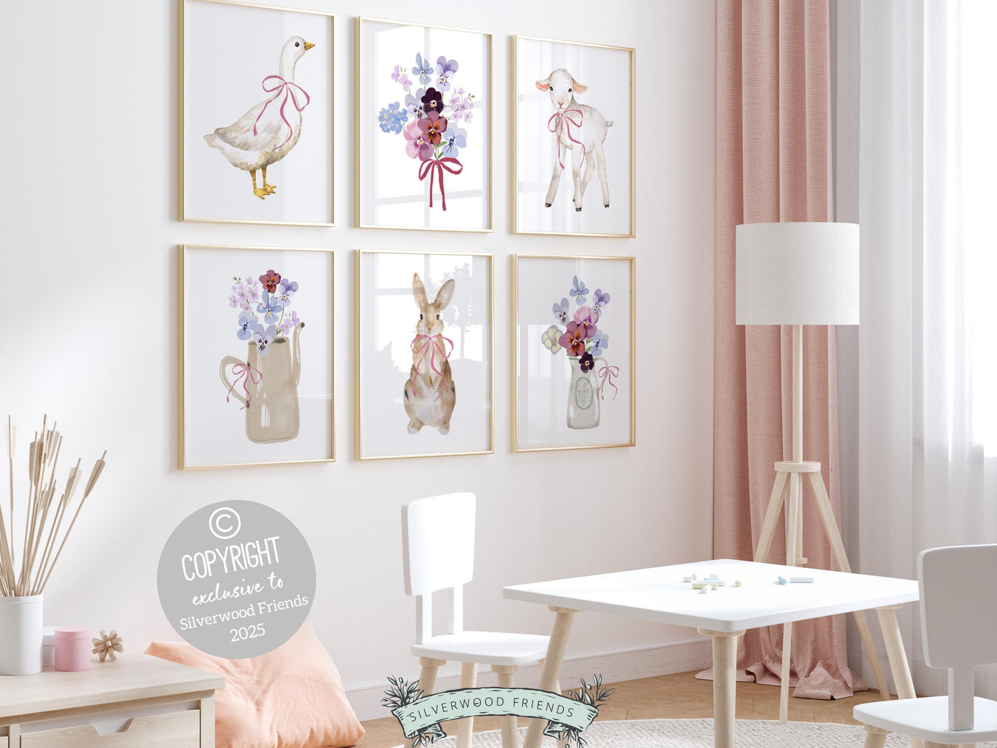 Baby Farm Animal Nursery Prints, Baby Girl Pink Floral Farmyard Nursery Decor, Pink and Purple Wildflower Nursery Wall Art Digital Prints