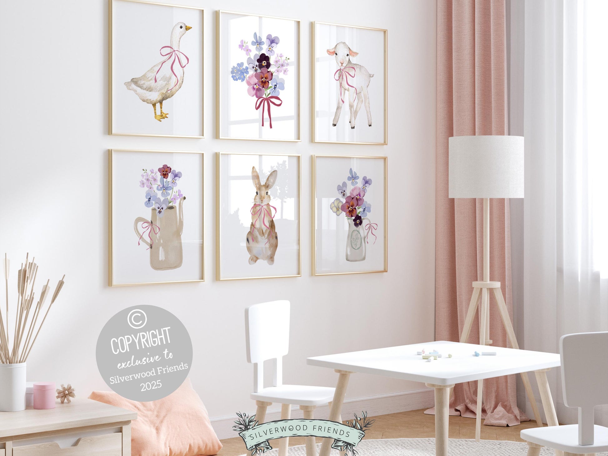 Baby Farm Animal Nursery Prints, Baby Girl Pink Floral Farmyard Nursery Decor, Pink and Purple Wildflower Nursery Wall Art Digital Prints