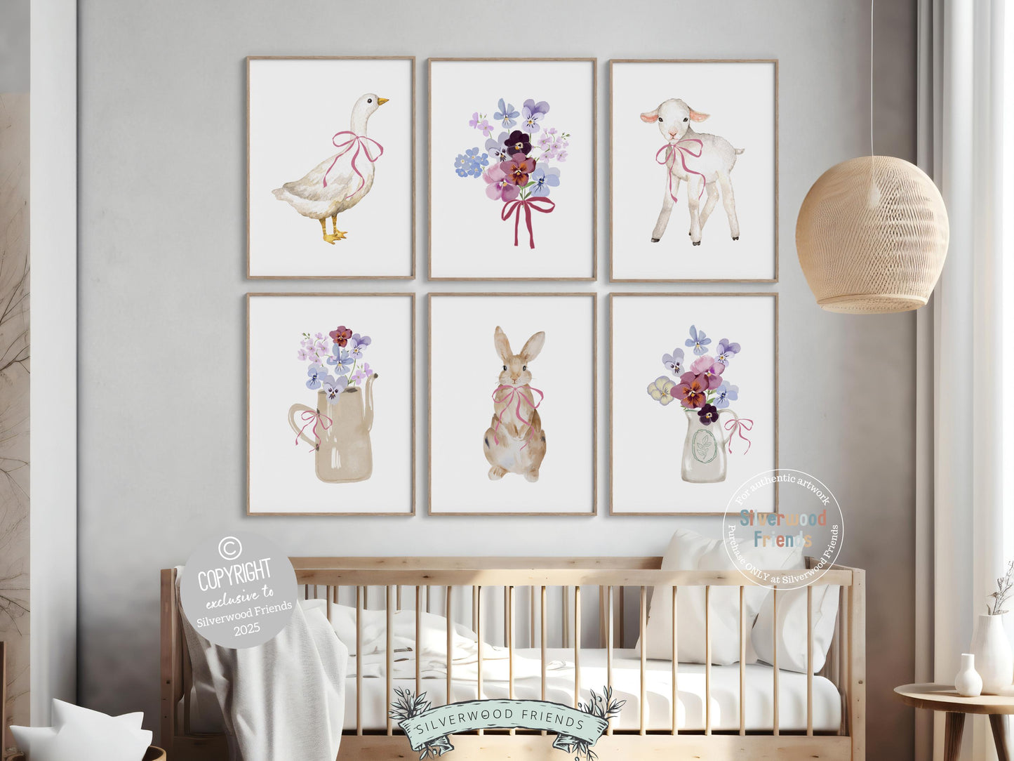 Baby Farm Animal Nursery Prints, Baby Girl Pink Floral Farmyard Nursery Decor, Pink and Purple Wildflower Nursery Wall Art Digital Prints