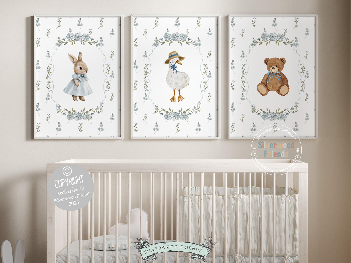 Our delightful Set of 3 Vintage woodland Animal Nursery Prints features adorable bunny, Duck and Bear with gorgeous blue floral background. Perfect for your baby woodland nursery decor and also makes a unique gender neutral baby shower gift.