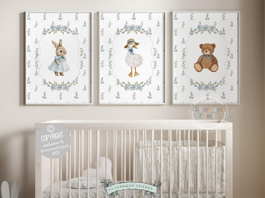 Our delightful Set of 3 Vintage woodland Animal Nursery Prints features adorable bunny, Duck and Bear with gorgeous blue floral background. Perfect for your baby woodland nursery decor and also makes a unique gender neutral baby shower gift.