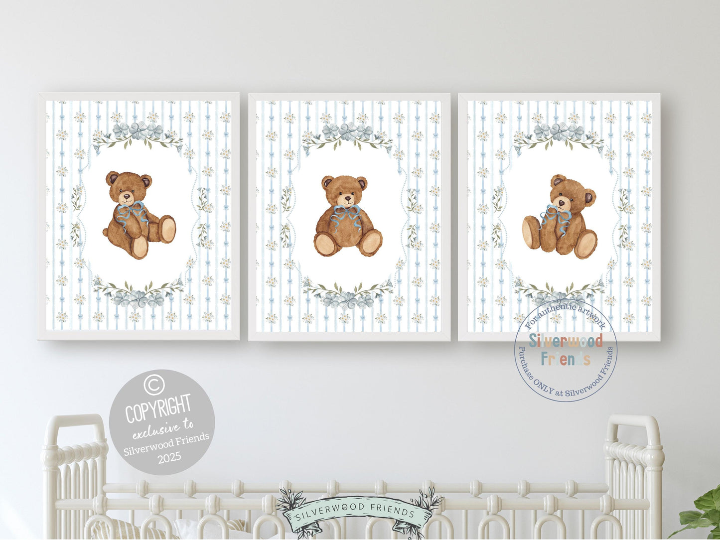 Vintage Woodland Bear Nursery Prints, Floral Woodland Bear Nursery Decor, Baby Bear Nursery Wall Art, Vintage Bear Bedroom Digital Print