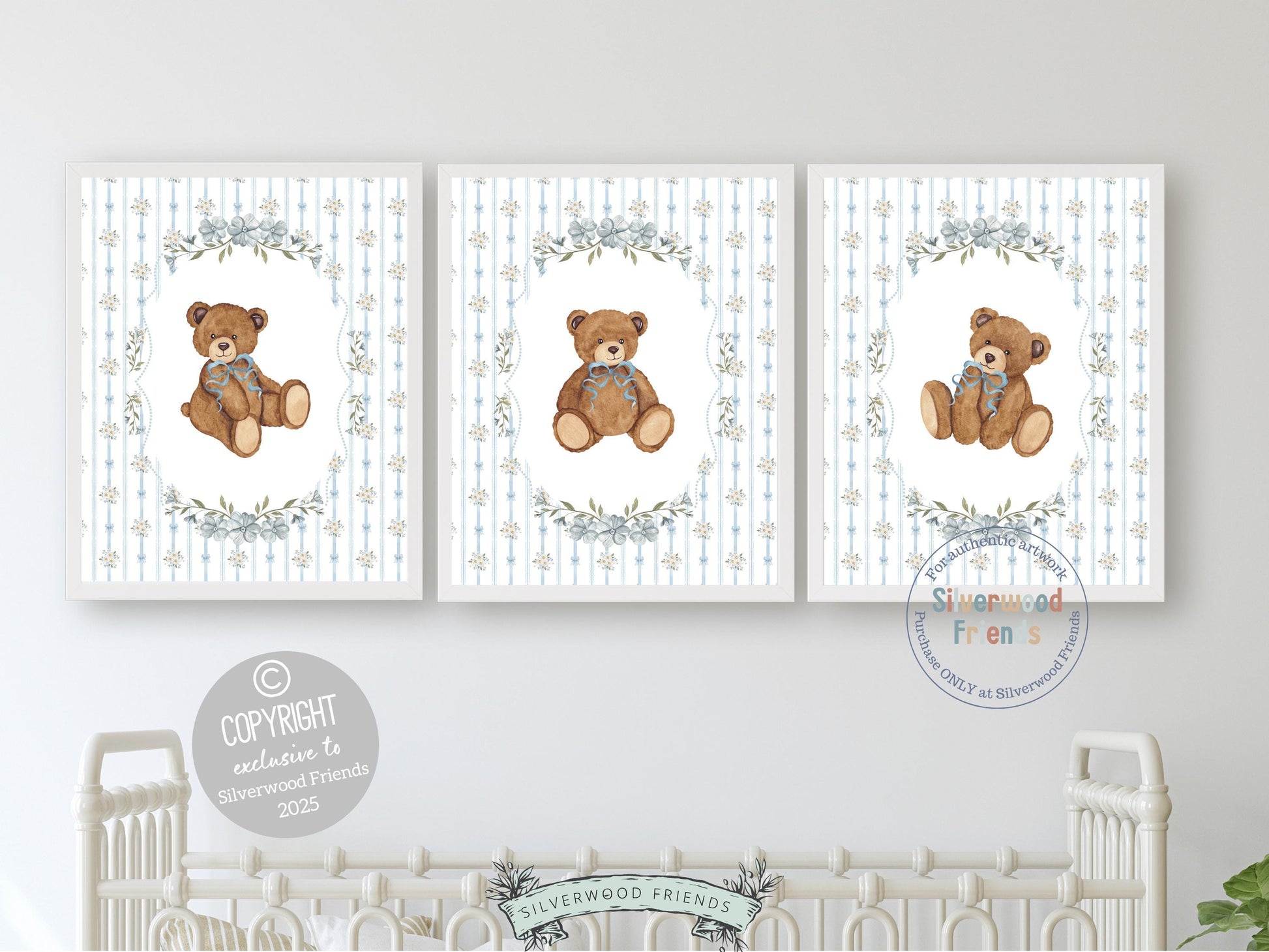 Vintage Woodland Bear Nursery Prints, Floral Woodland Bear Nursery Decor, Baby Bear Nursery Wall Art, Vintage Bear Bedroom Digital Print