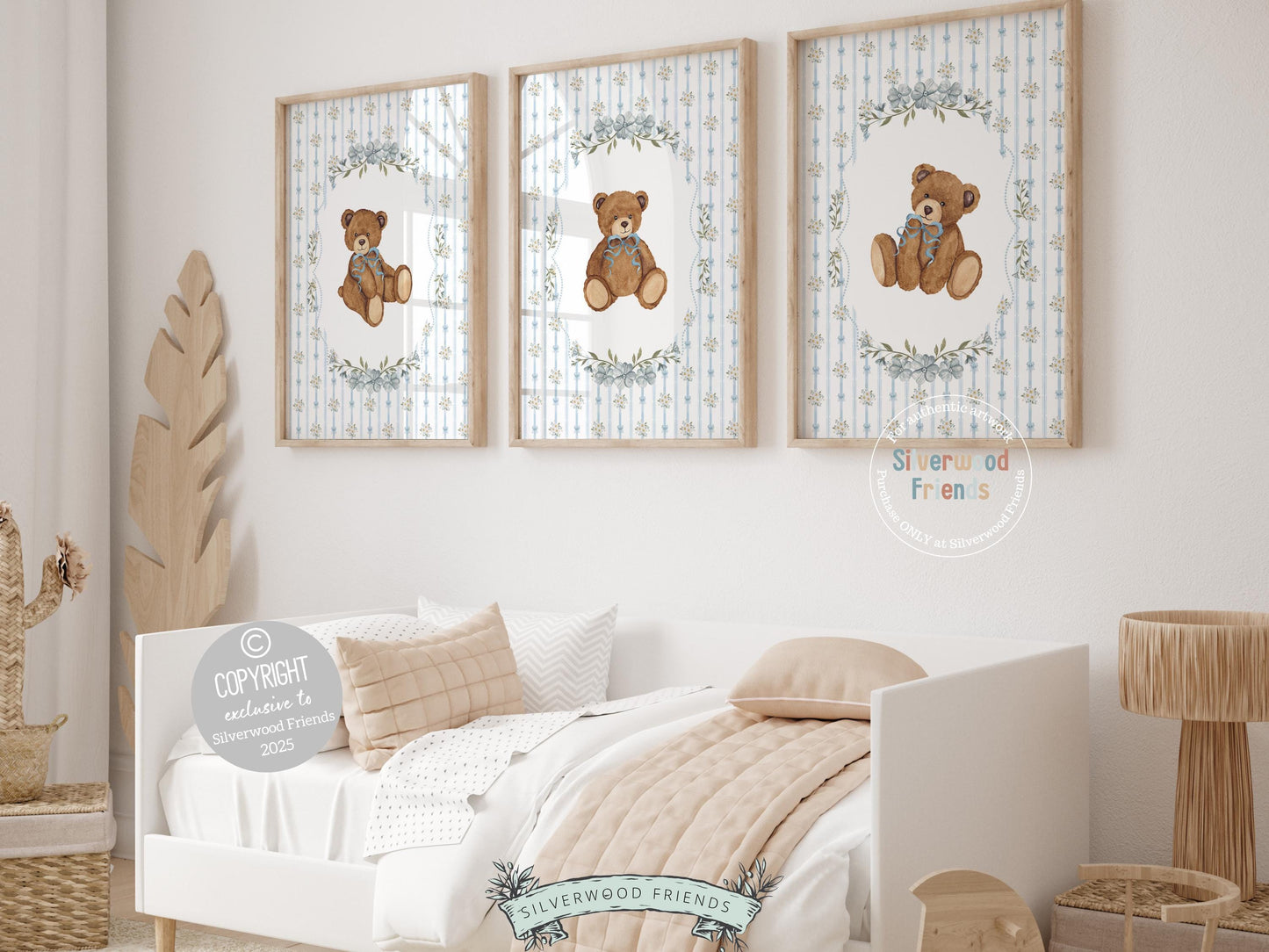 Our delightful Set of 3 Vintage Woodland Bear Nursery Prints features adorable bears with gorgeous blue floral background. Perfect for your baby woodland nursery decor and also makes a unique gender neutral baby shower gift.