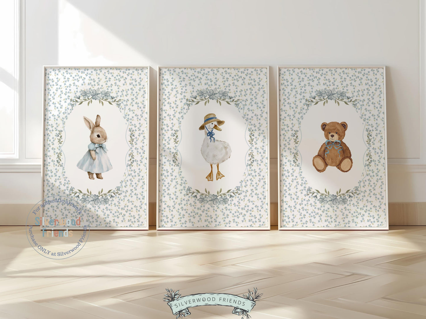 Our delightful Set of 3 Vintage Woodland Animal Nursery Prints features adorable bunny, duck and bear with gorgeous blue floral background. Perfect for your baby woodland nursery decor and also makes a unique gender neutral baby shower gift.