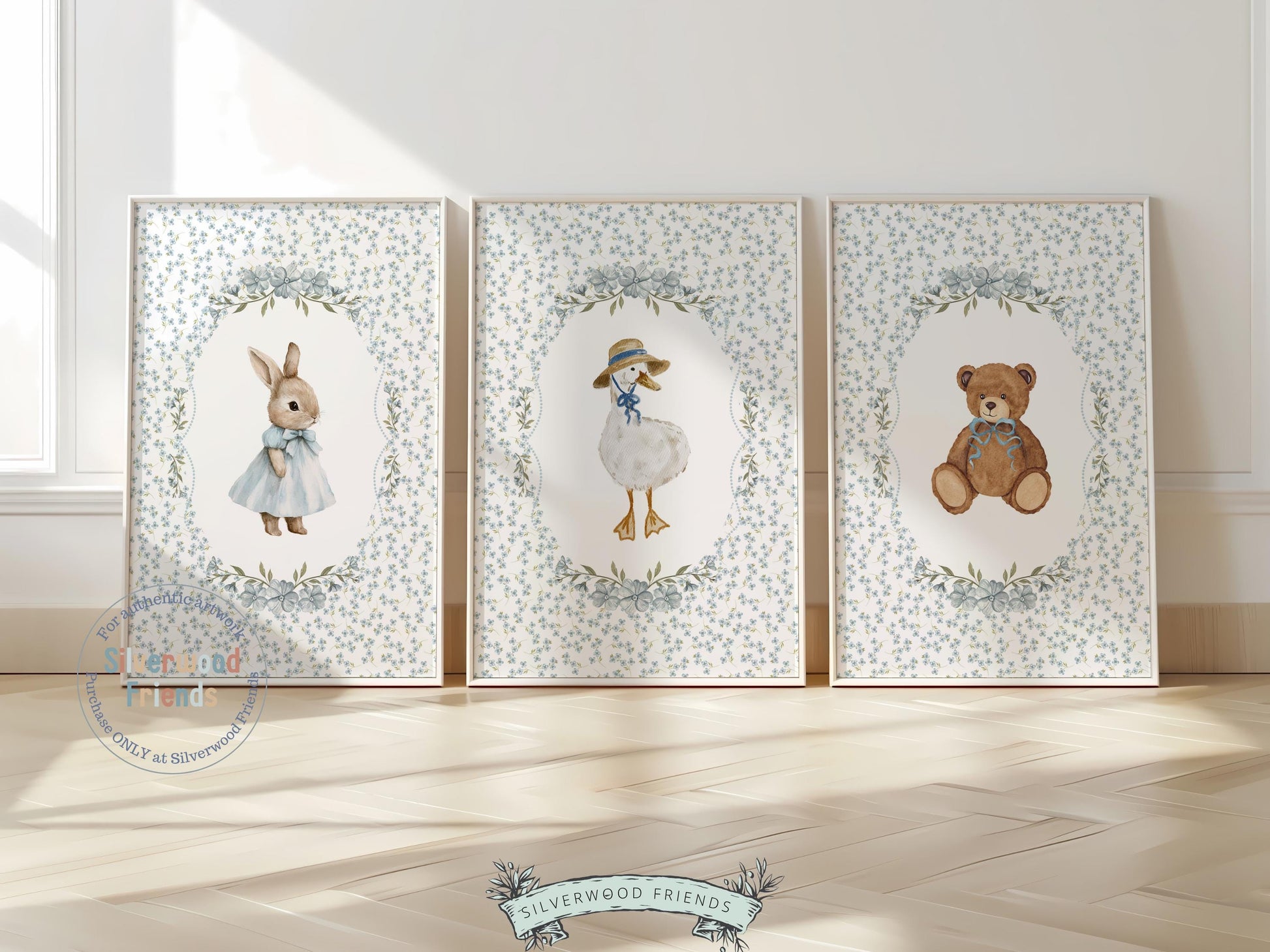 Our delightful Set of 3 Vintage Woodland Animal Nursery Prints features adorable bunny, duck and bear with gorgeous blue floral background. Perfect for your baby woodland nursery decor and also makes a unique gender neutral baby shower gift.