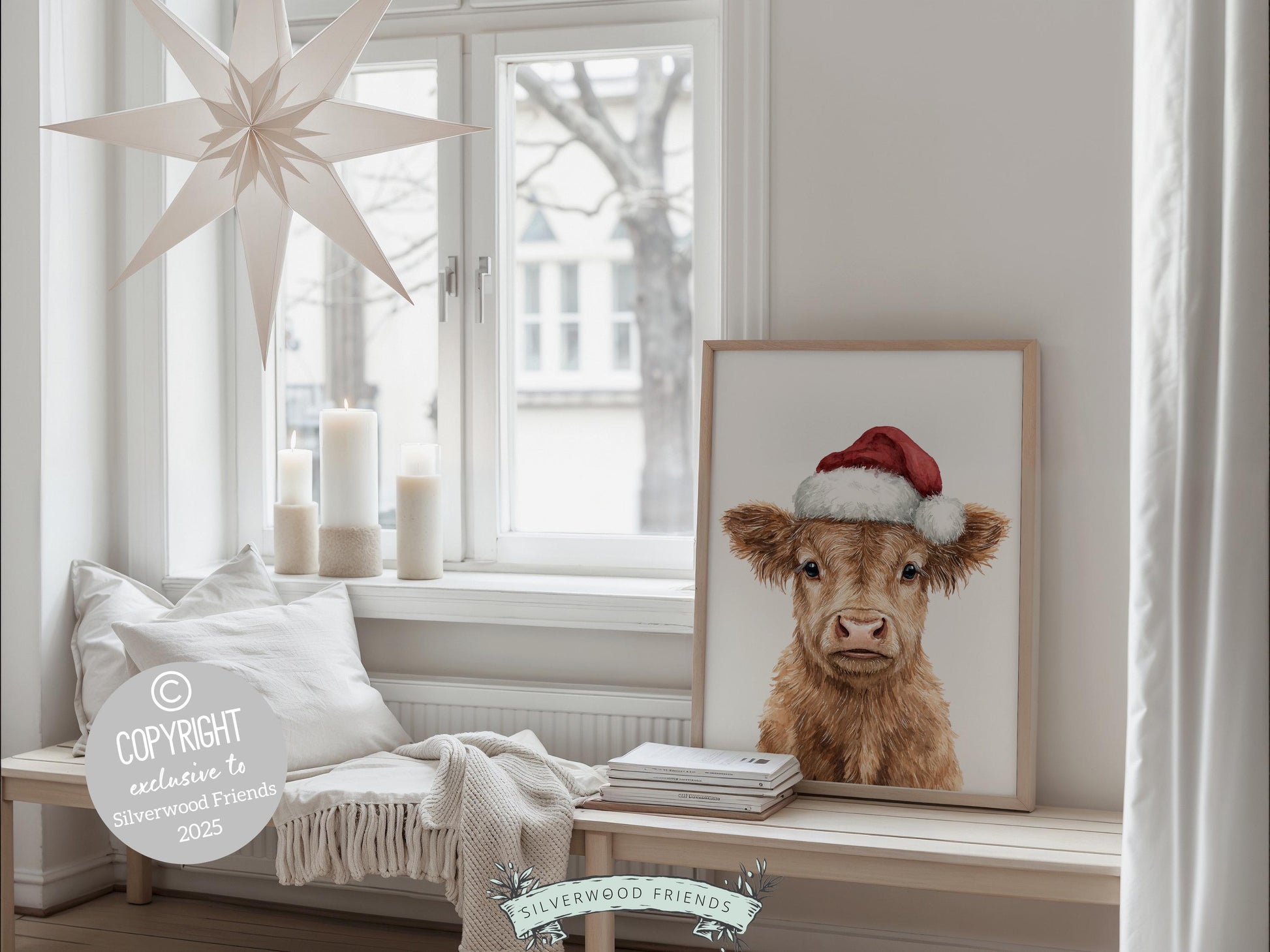 Christmas Highland Cow Print, Baby Highland Cow Christmas Decor, Christmas Printable Wall Art, Rustic Farmhouse Christmas Cow Digital Print