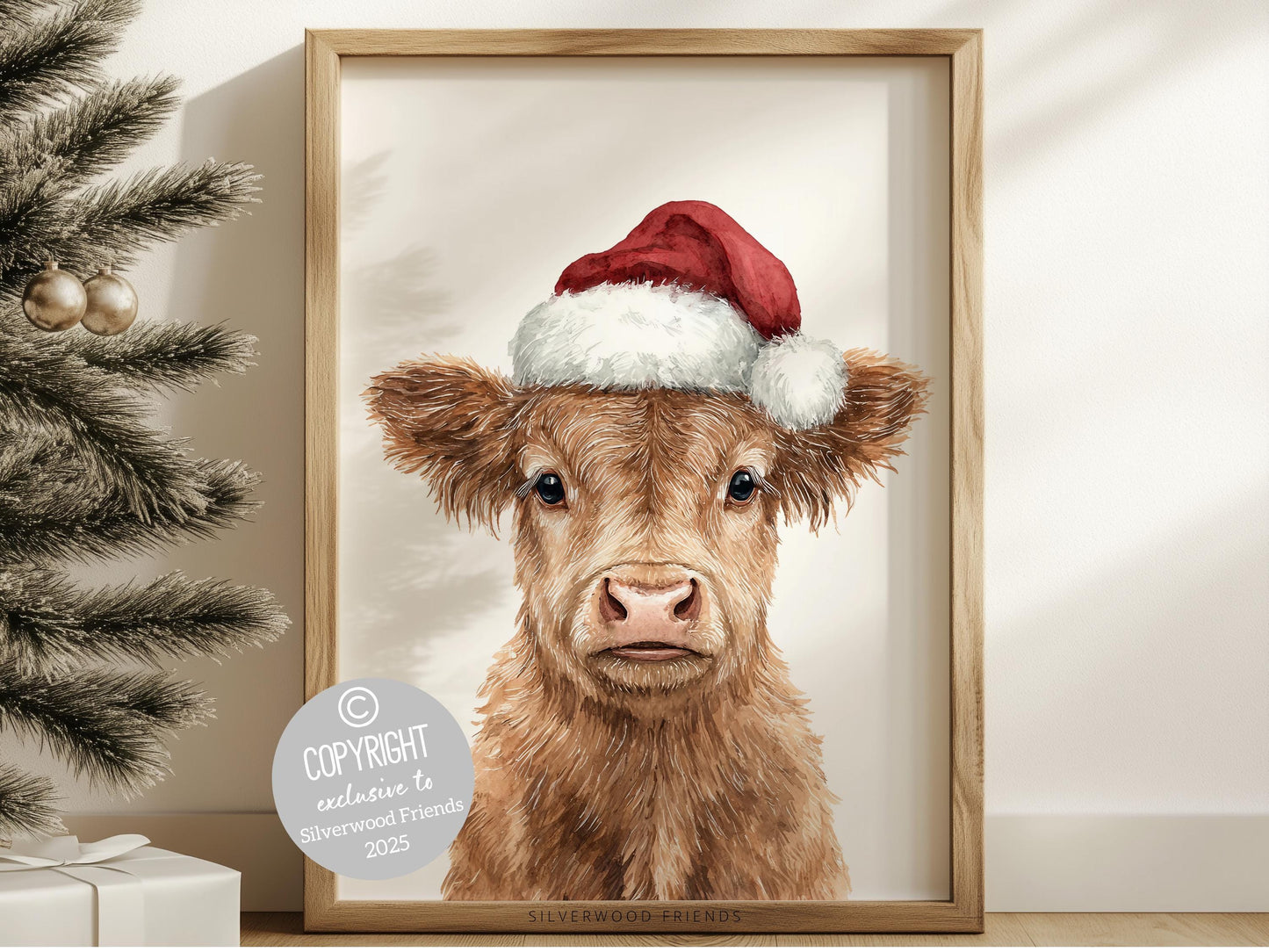 Christmas Highland Cow Print, Baby Highland Cow Christmas Decor, Christmas Printable Wall Art, Rustic Farmhouse Christmas Cow Digital Print