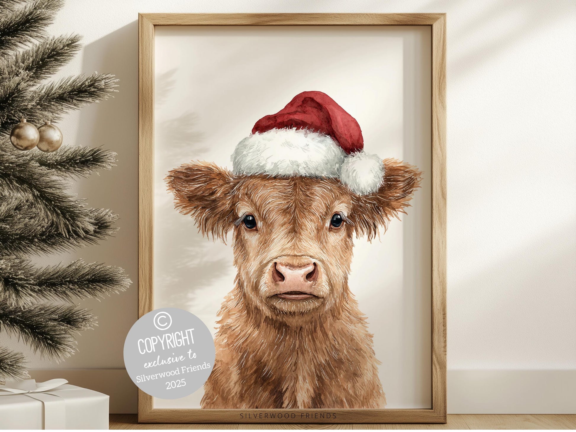 Christmas Highland Cow Print, Baby Highland Cow Christmas Decor, Christmas Printable Wall Art, Rustic Farmhouse Christmas Cow Digital Print
