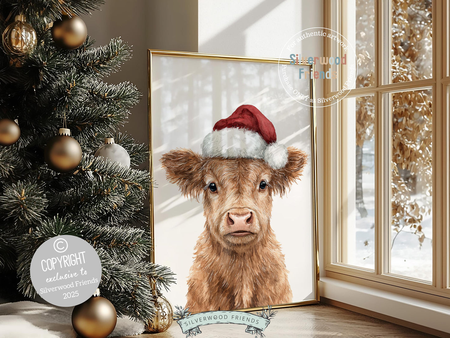 Christmas Highland Cow Print, Baby Highland Cow Christmas Decor, Christmas Printable Wall Art, Rustic Farmhouse Christmas Cow Digital Print