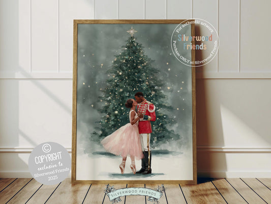This enchanting Christmas ballet print captures a magical moment as a graceful African American ballerina dances with a Nutcracker soldier in front of a beautiful Christmas tree. The perfect gift for ballet lovers this print brings whimsical romance and festive charm to any space, making it delightful decor all year round!
