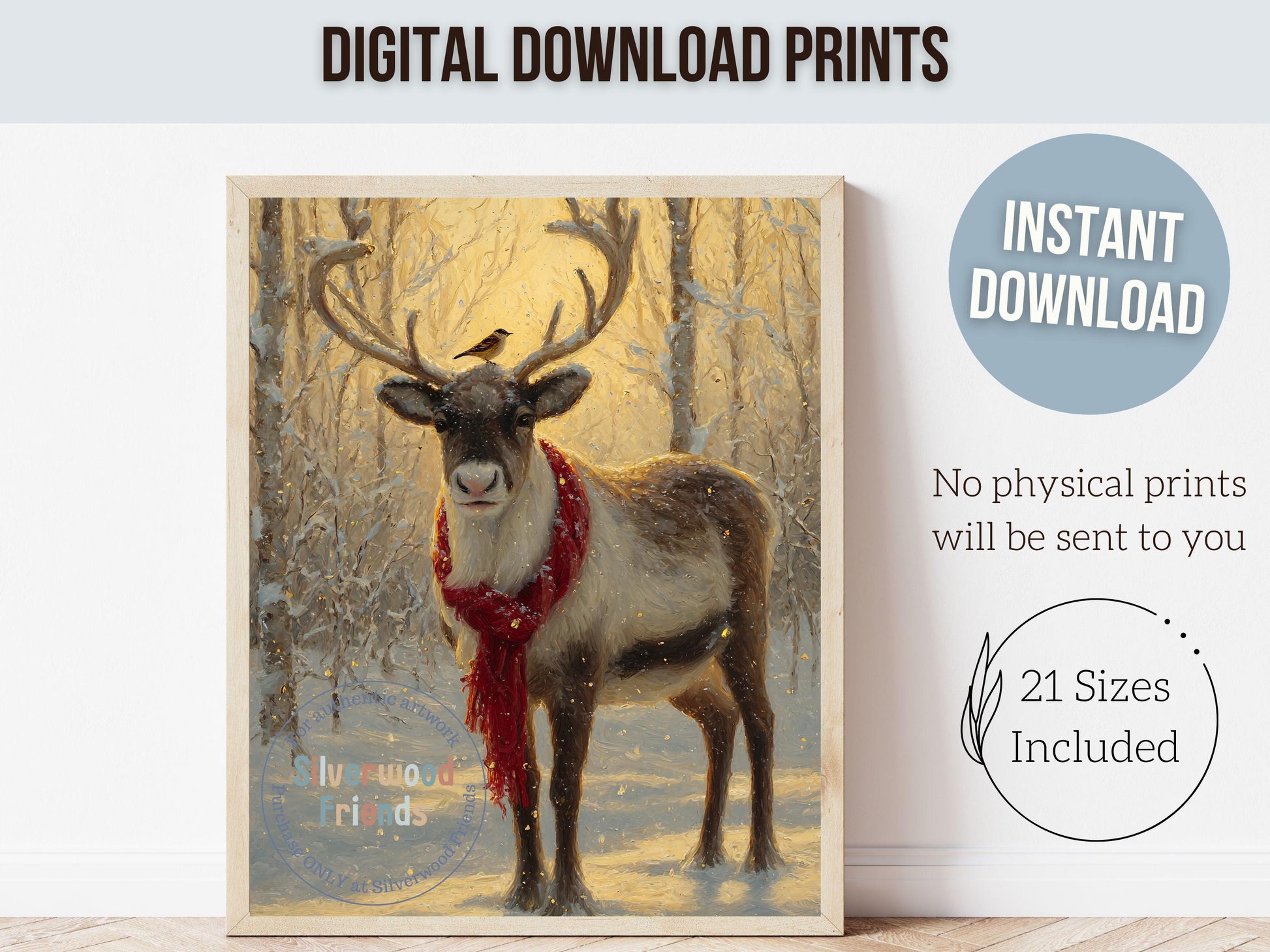 Reindeer Print, Christmas Wall Art, Christmas Printable Art, Winter Forest Prints, Rudolph Wall Art, Rustic Vintage Christmas Digital Print