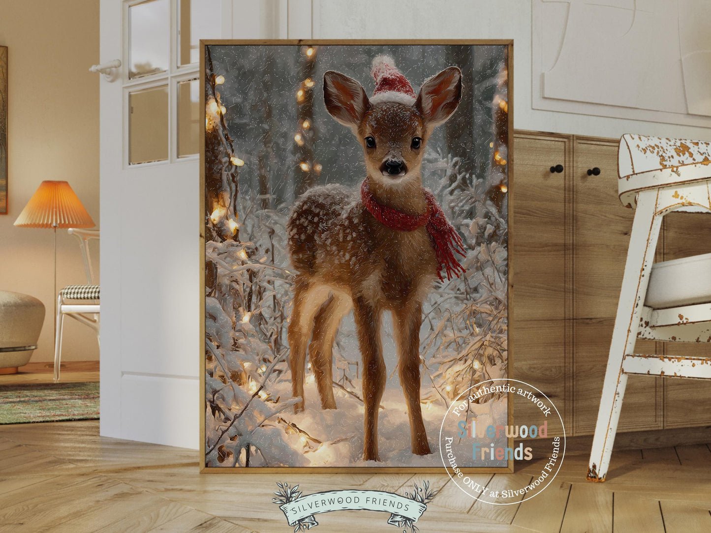 This adorable Christmas print captures the festive charm of a gorgeous deer, beautifully rendered in a cozy oil painting style. This heartwarming artwork brings joy, nostalgia, and holiday cheer to any space. Perfect for kids’ rooms, farmhouse décor, or as a delightful seasonal gift for Christmas lovers of all ages!