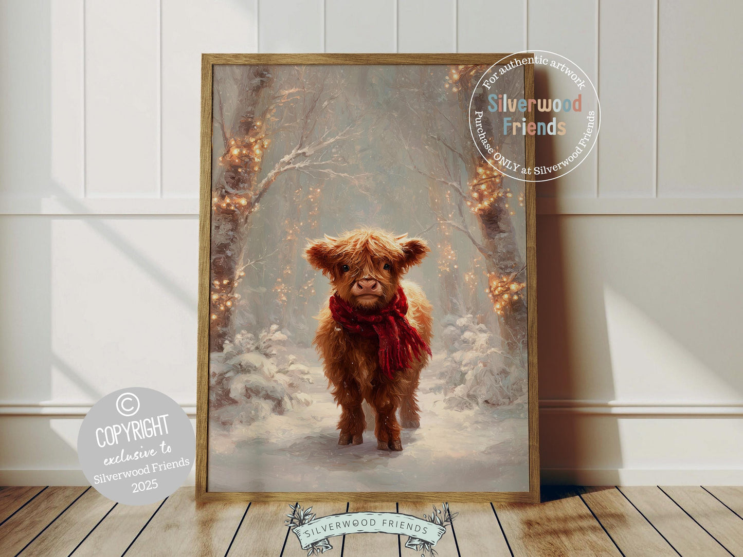 Our Highland Cow Christmas Print features an adorable baby Highland cow with a red scarf standing in the winter snow. Perfect for kids’ rooms, farmhouse décor, or as a delightful seasonal gift for Christmas lovers of all ages!