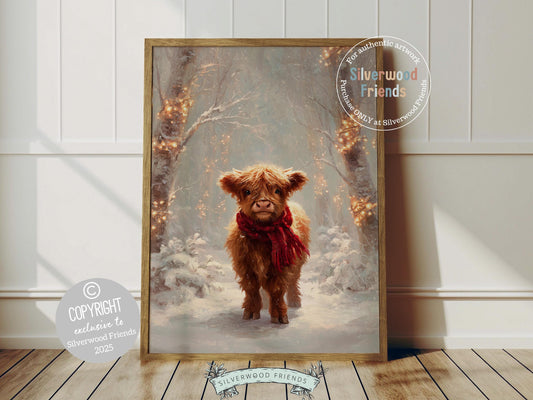 Our Highland Cow Christmas Print features an adorable baby Highland cow with a red scarf standing in the winter snow. Perfect for kids’ rooms, farmhouse décor, or as a delightful seasonal gift for Christmas lovers of all ages!