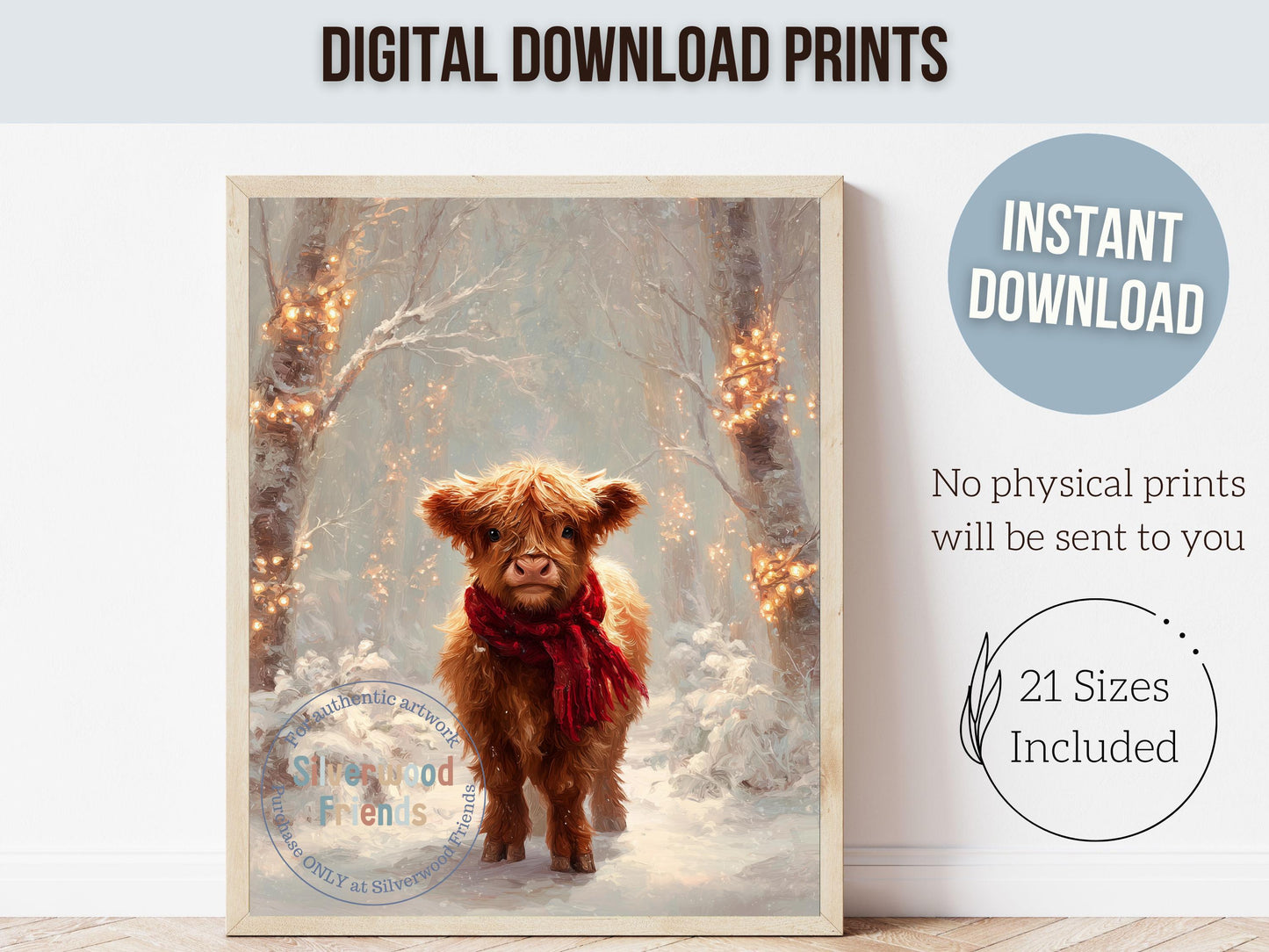 Christmas Highland Cow Print, Baby Highland Cow Christmas Decor, Christmas Printable Wall Art, Rustic Farmhouse Christmas Cow Digital Print