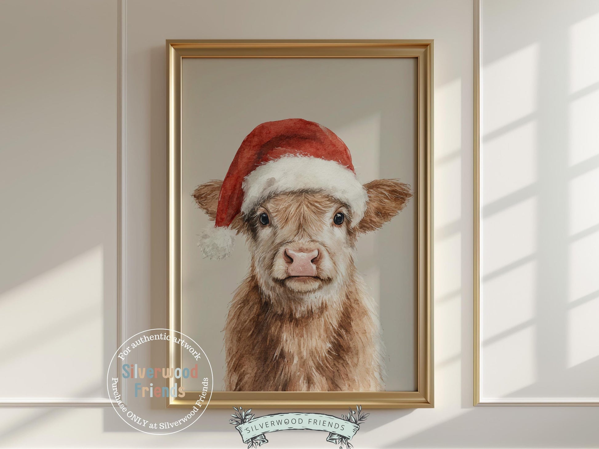 Our Highland Cow Christmas Print features an adorable baby Highland cow with a red Christmas hat on a beige background. Perfect for kids’ rooms, farmhouse décor, or as a delightful seasonal gift for Christmas lovers of all ages!