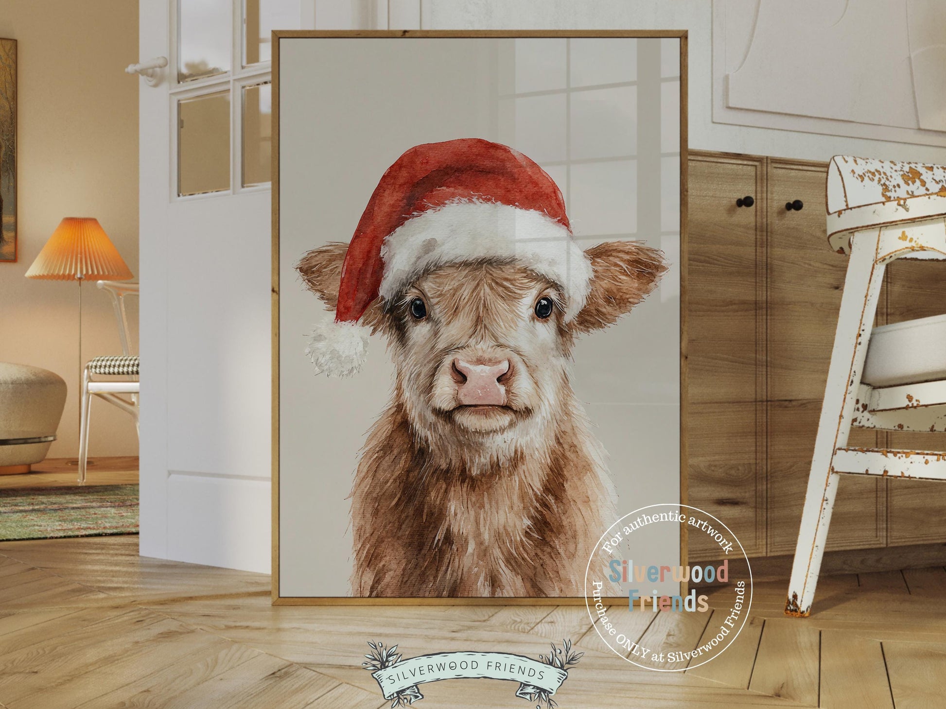 Christmas Highland Cow Print, Baby Highland Cow Christmas Decor, Christmas Printable Wall Art, Rustic Farmhouse Christmas Cow Digital Print