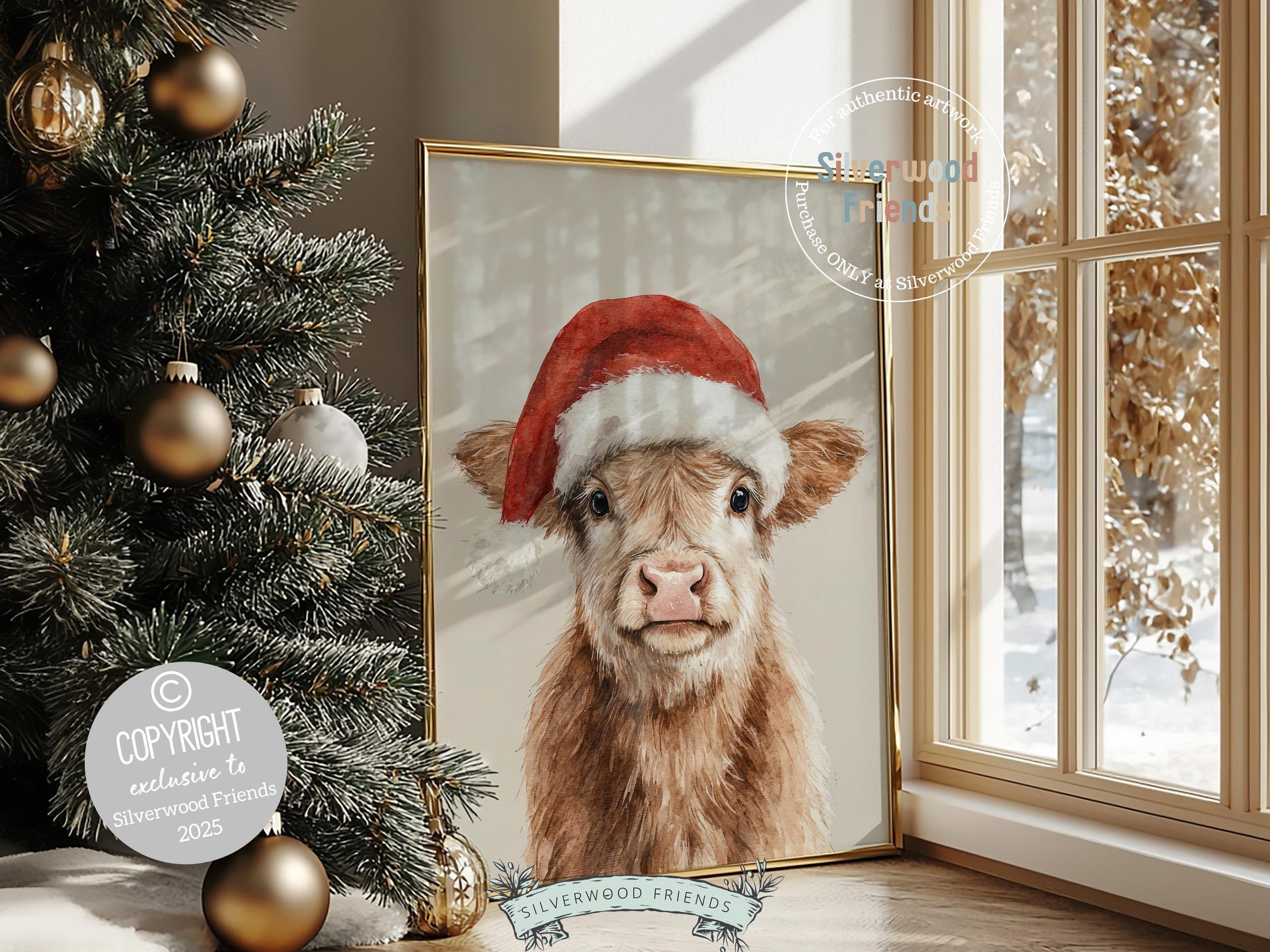 Christmas Highland Cow Print, Baby Highland Cow Christmas Decor, Christmas Printable Wall Art, Rustic Farmhouse Christmas Cow Digital Print