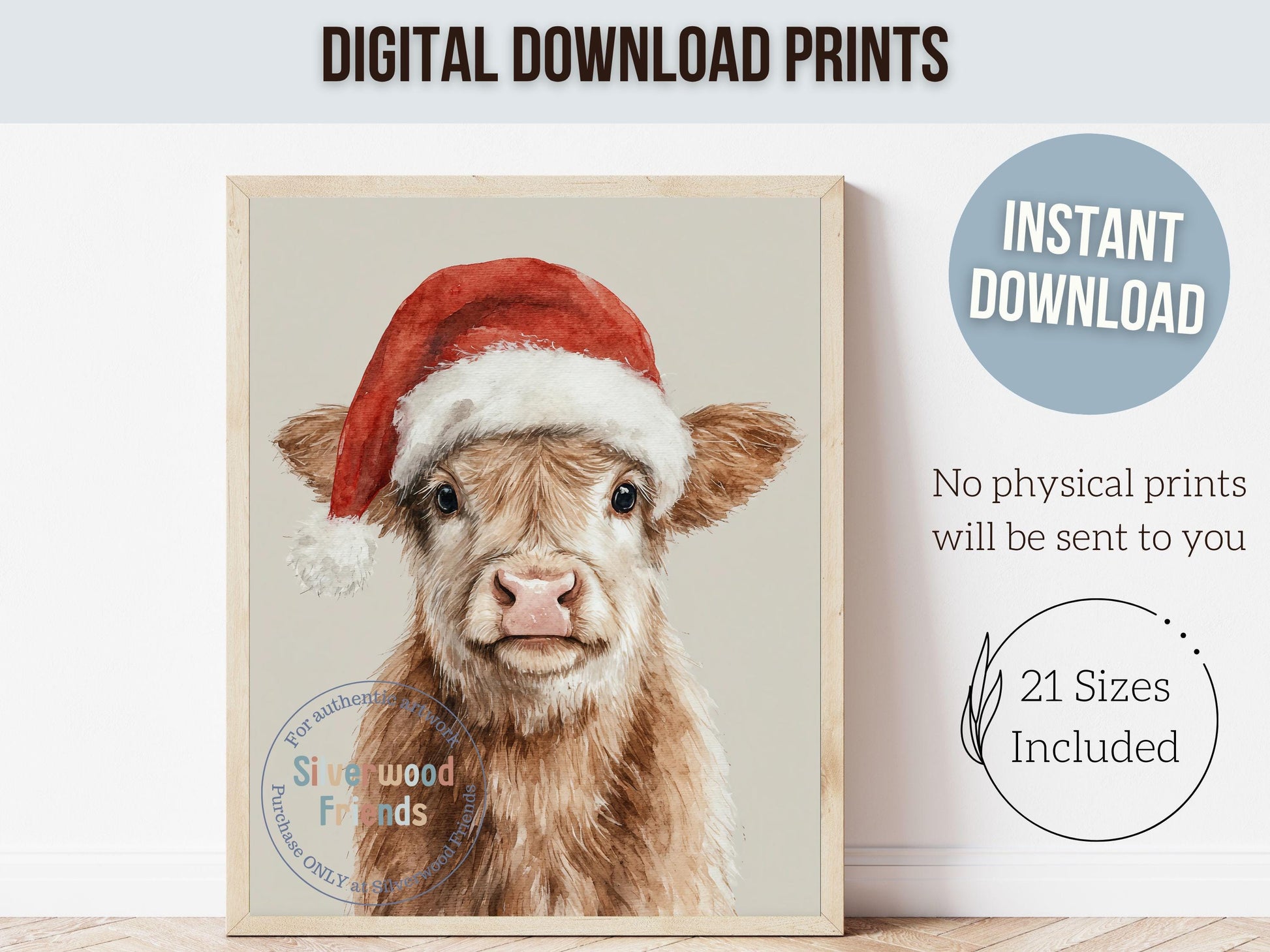 Christmas Highland Cow Print, Baby Highland Cow Christmas Decor, Christmas Printable Wall Art, Rustic Farmhouse Christmas Cow Digital Print