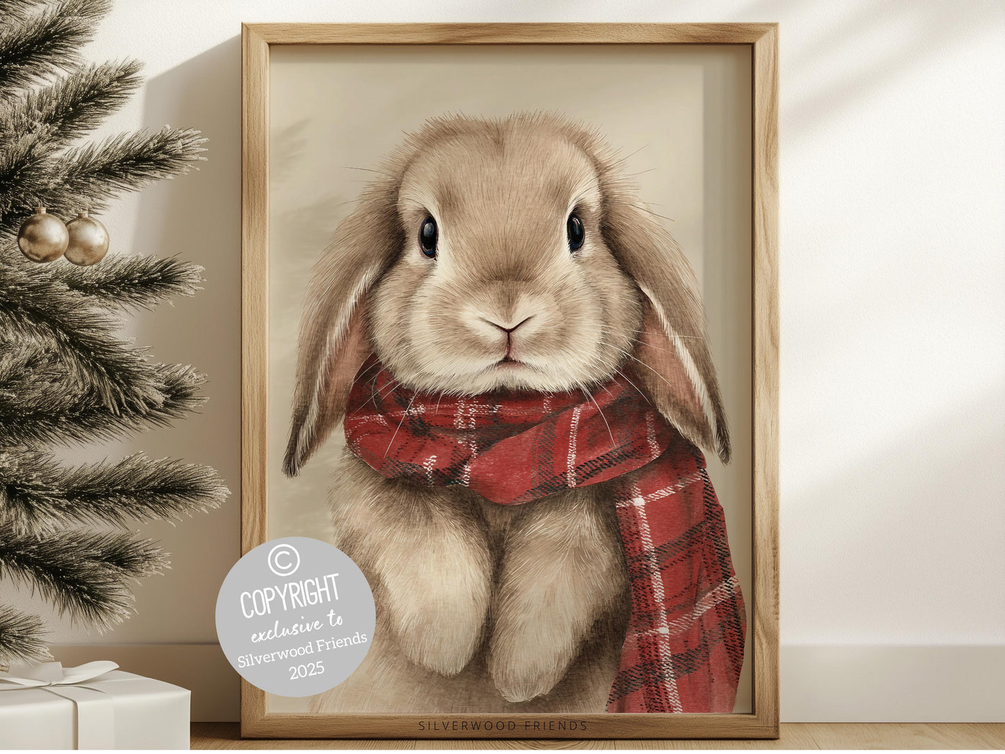 Our Highland Bunny Christmas Print features an adorable baby bunny with a red Christmas scarf on a beige background. Perfect for kids’ rooms, farmhouse décor, or as a delightful seasonal gift for Christmas lovers of all ages!