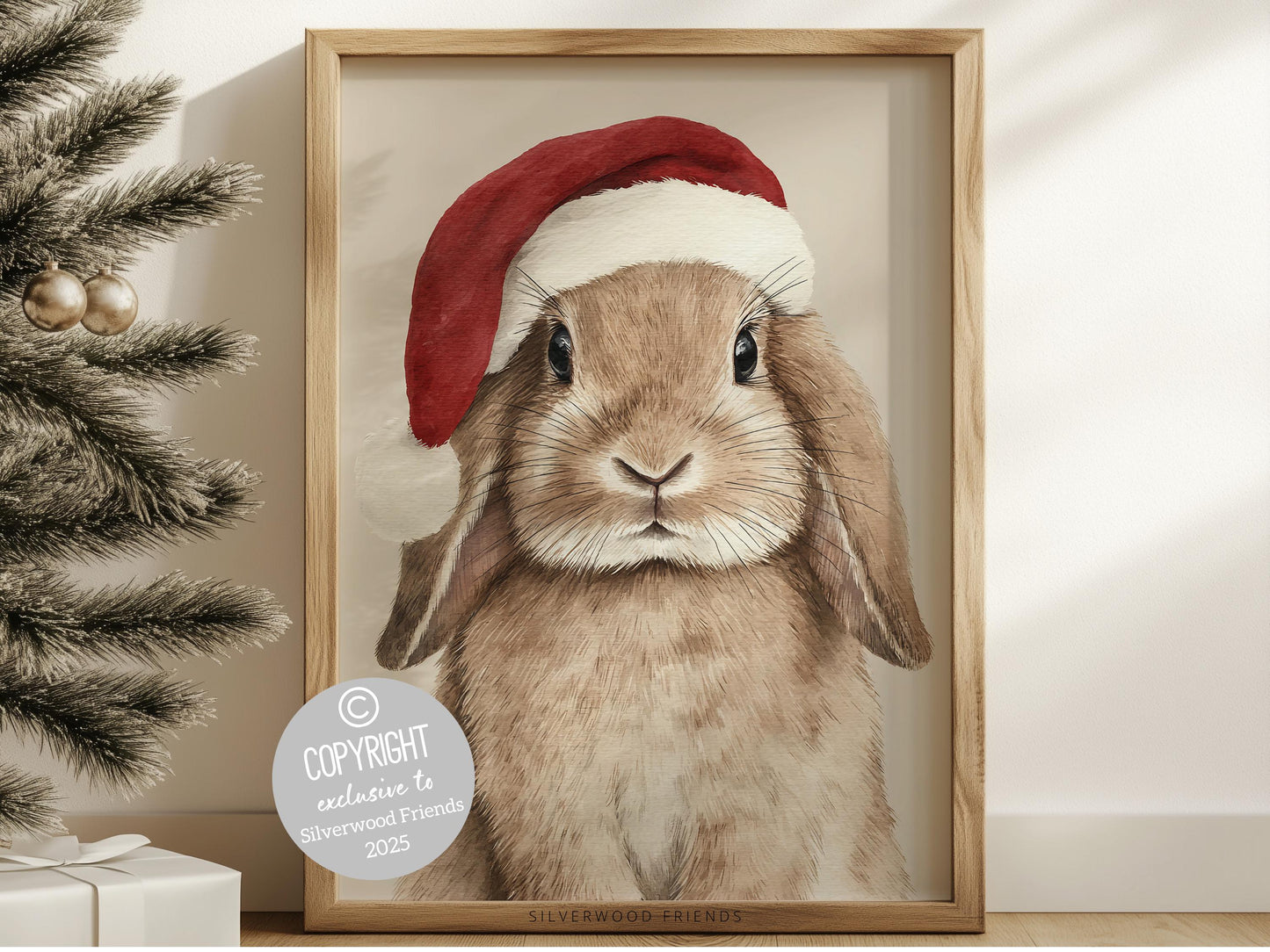 Our Highland Bunny Christmas Print features an adorable baby bunny with a red Christmas hat on a beige background. Perfect for kids’ rooms, farmhouse décor, or as a delightful seasonal gift for Christmas lovers of all ages!