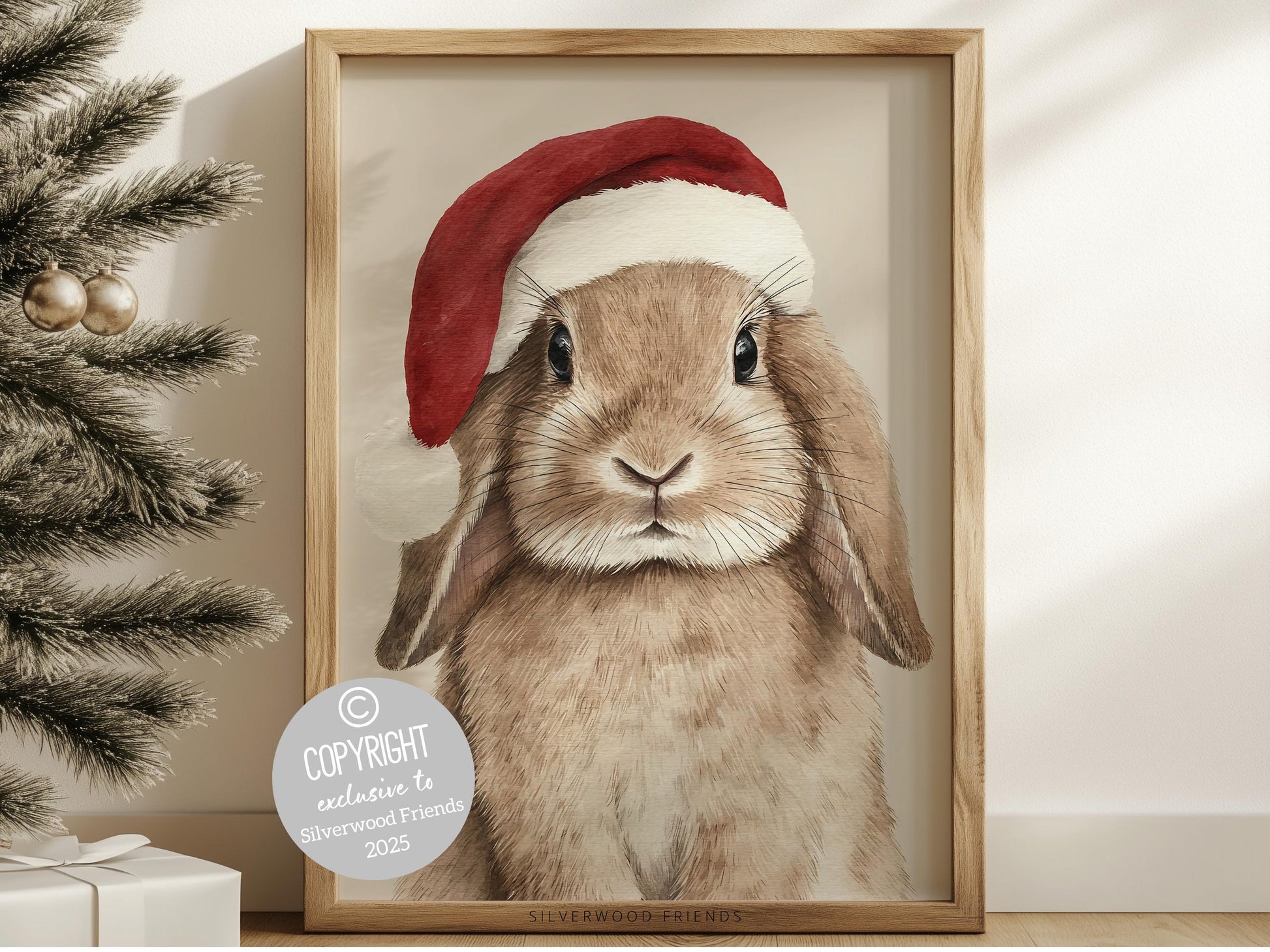 Our Highland Bunny Christmas Print features an adorable baby bunny with a red Christmas hat on a beige background. Perfect for kids’ rooms, farmhouse décor, or as a delightful seasonal gift for Christmas lovers of all ages!