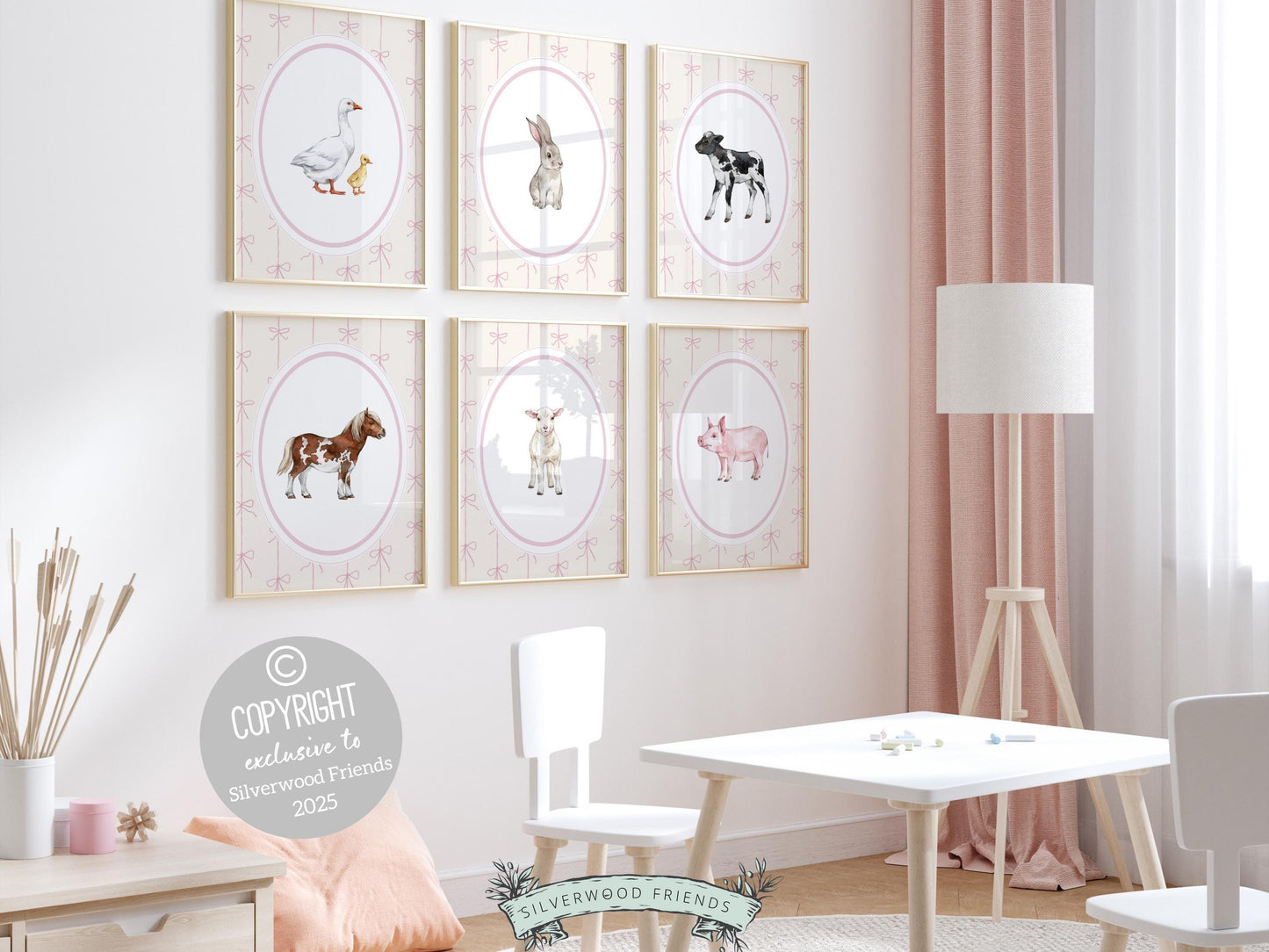 Add a splash of rustic charm and playful whimsy to your space with our adorable set of 6 baby farm animal nursery prints! Featuring sweet watercolor animals—duck, rabbit cow, horse, lamb, piglet—with adorable pink coquette bow background, this versatile collection is perfect for nursery decor, farmhouse mudroom wall art, and makes an irresistibly cute farm baby shower gift.